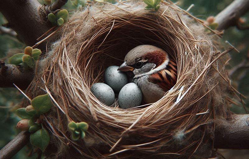 házi veréb fészek néhány tojással