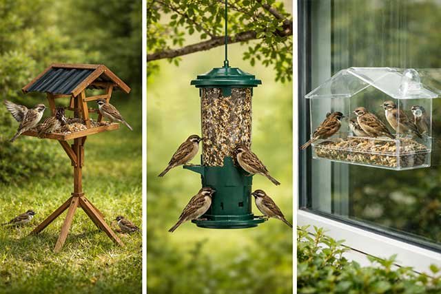 Különböző madáretető típusok verebekkel: álló, felakasztható és ablakra rögzíthető etetők természetes környezetben