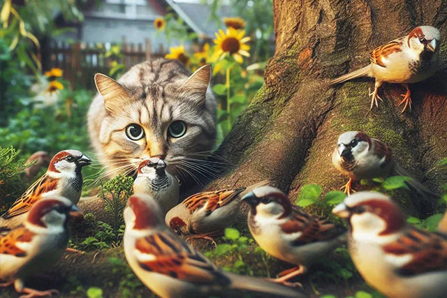 macska és verebek kertben