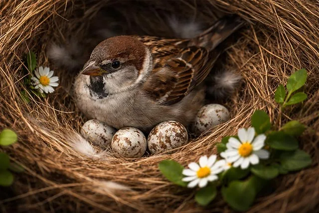 házi veréb fészekben ül és tojásokat költ természetes környezetben