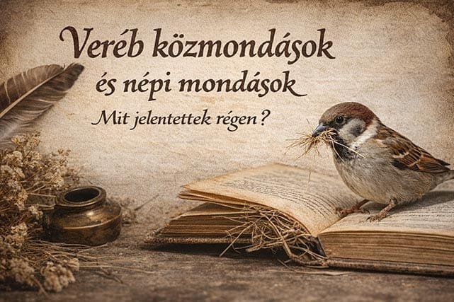 Veréb közmondások és népi mondások illusztrációja, régi könyvön ülő házi veréb népi hangulatú háttérrel