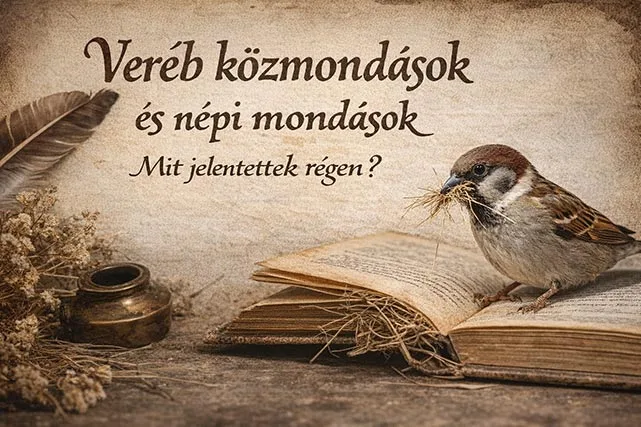 Veréb közmondások és népi mondások illusztrációja, régi könyvön ülő házi veréb népi hangulatú háttérrel