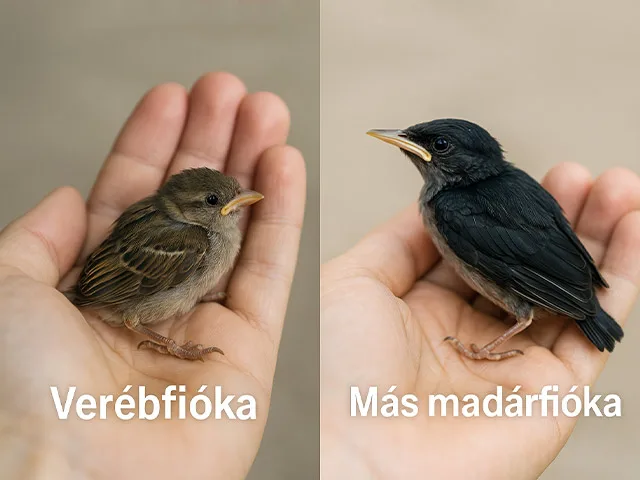 verébfióka és más madárfióka összehasonlítása kézben