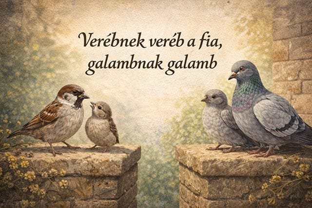Veréb a fiókájával és galamb a fiókájával egy népi hangulatú illusztráción, a „Verébnek veréb a fia, galambnak galamb” közmondás ábrázolása